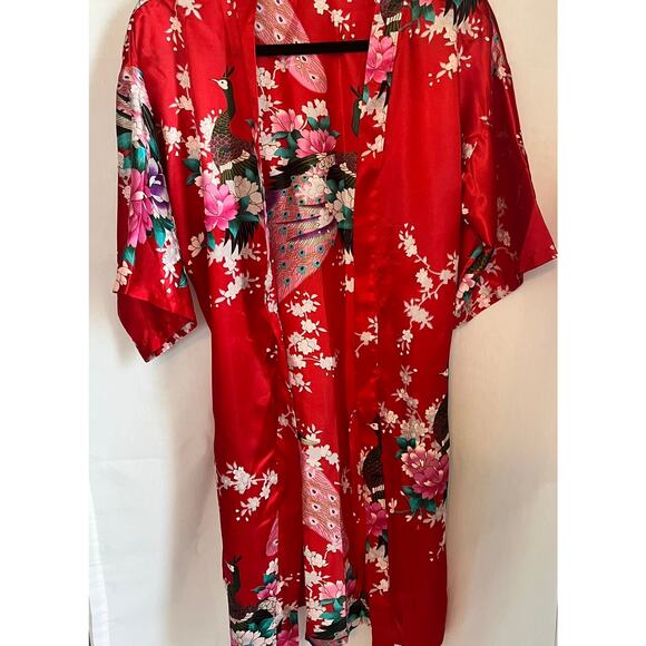Avidlove dressing robe women’s size medium Red Colorful Peacock Floral Design - Picture 6 of 10